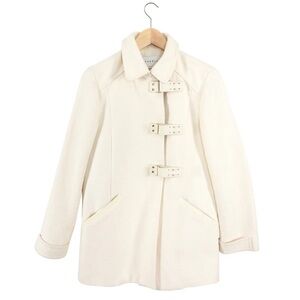 Sandro Designer Winter Ivory Buckle Front Coat with Leather Trim Size Small